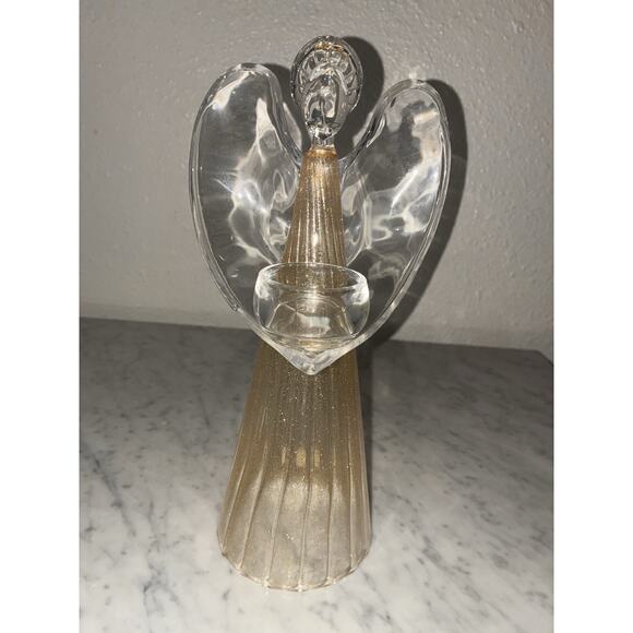 Party Lite Christmas Angel Tea Lite Candle holder 11” Tall Clear Gold Shimmer - Picture 1 of 10